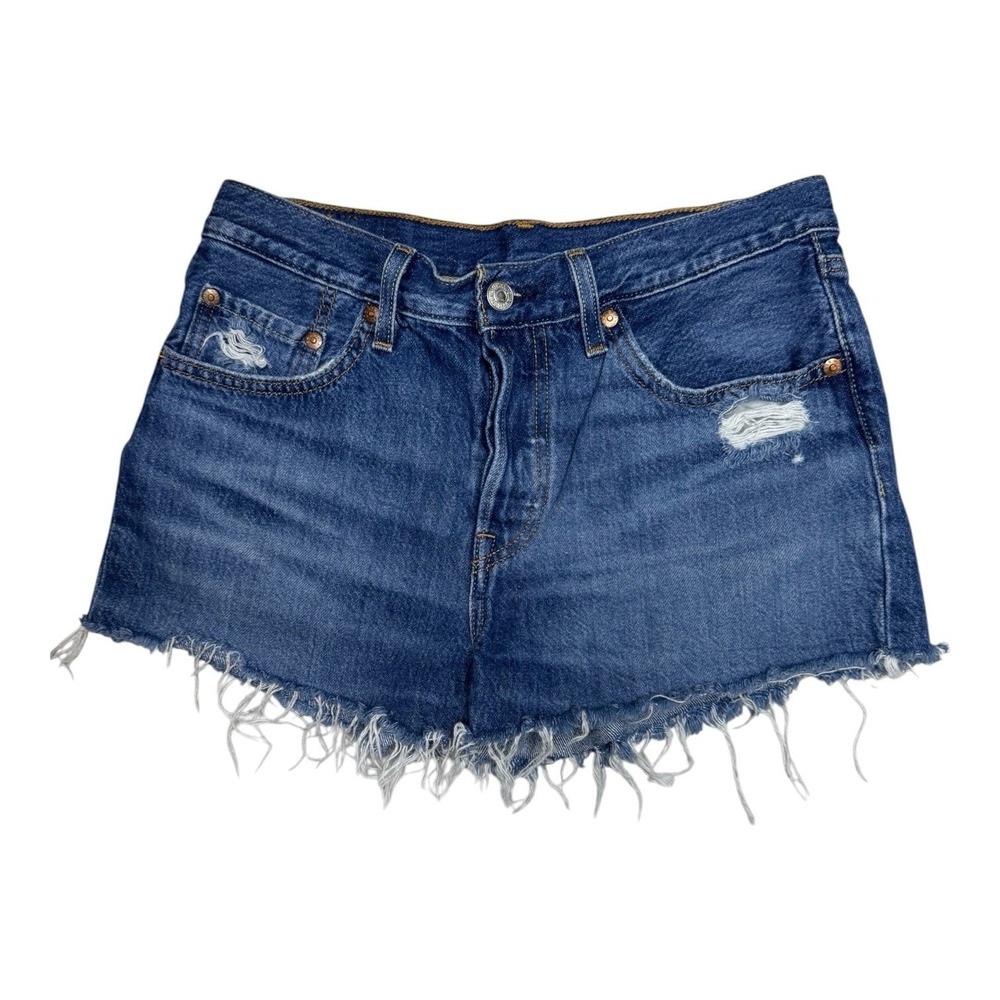 Women's Sz 27 501 Levi Mid Rise Denim Shorts Distressed Raw Hem Button Fly